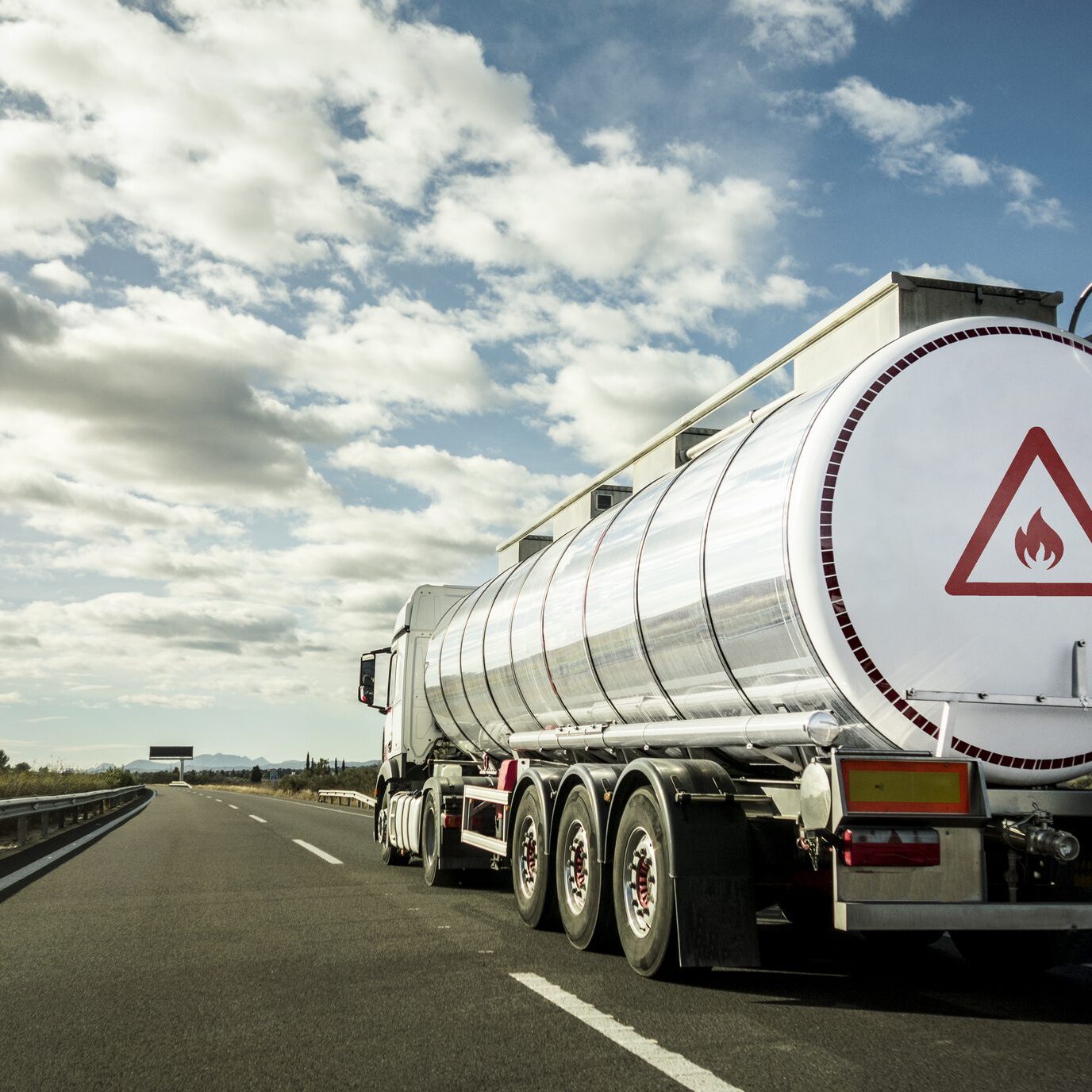 Tanker truck for transporting hazardous chemical materials by road.